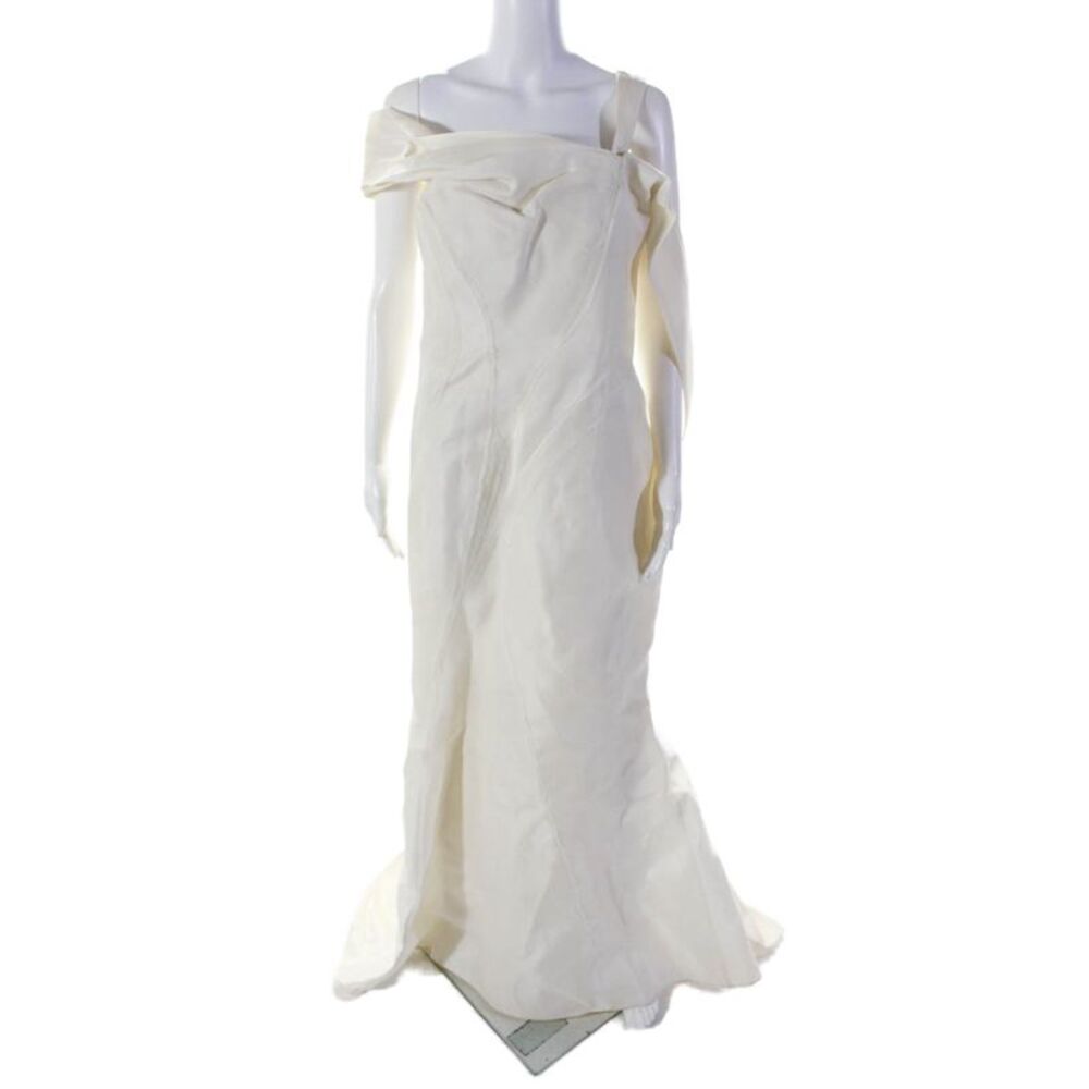 J. Mendel Womens Cream Off Shoulder Fringe Detail Sleeveless Gown Dress Size 10